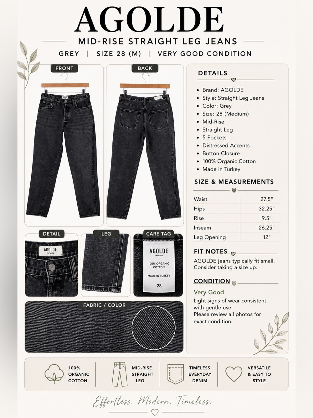 AGOLDE Mid Rise Straight Leg Jeans Grey Size 28 Organic Cotton
